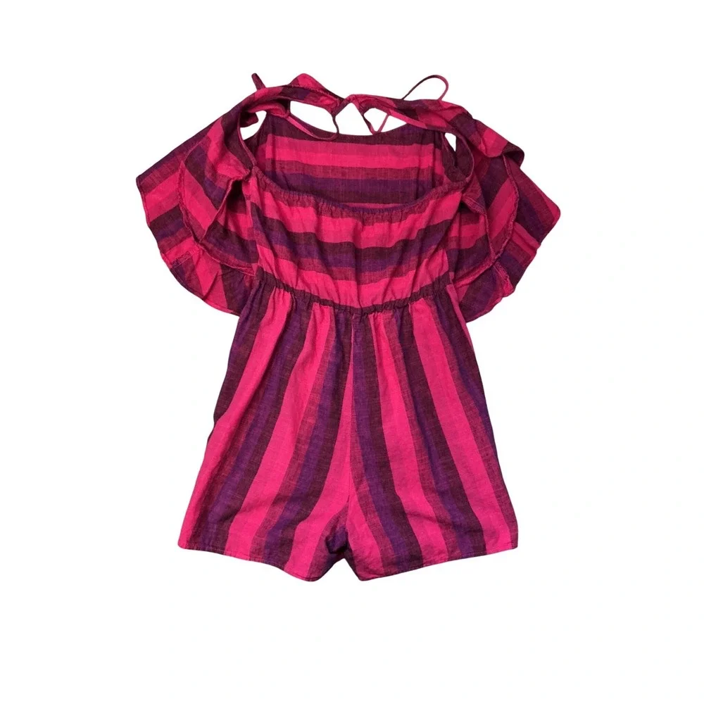 Anthropologie MELIA‎ AMADI Women Pink Purple Striped Ruffle Overlay Romper Small